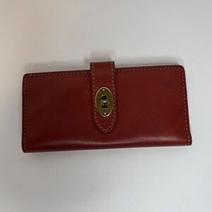Fossil Austin Red Soft Leather Bifold Wallet Slim Turnlock Checkbook Card Wallet